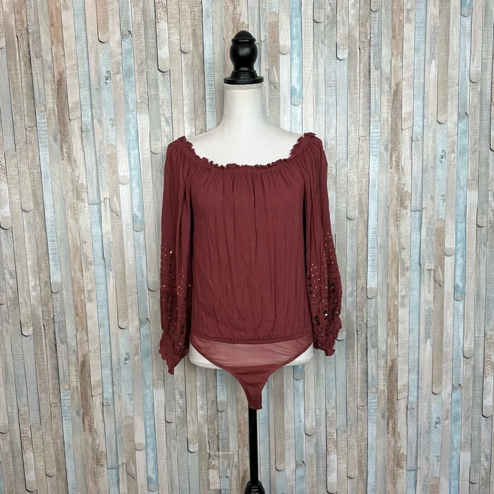 Free People S Red Gauze Embroidered Balloon Sleeve Ella Bodysuit Top Blouse Boho